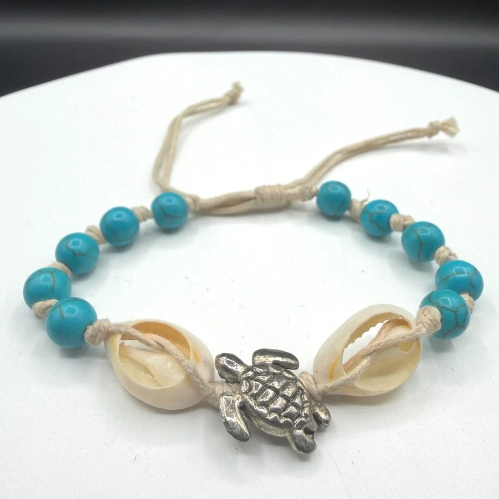 Boho Sea Turtle Bracelet Blue Beads Cowrie Shell Adjustable Beach Surfer Gift